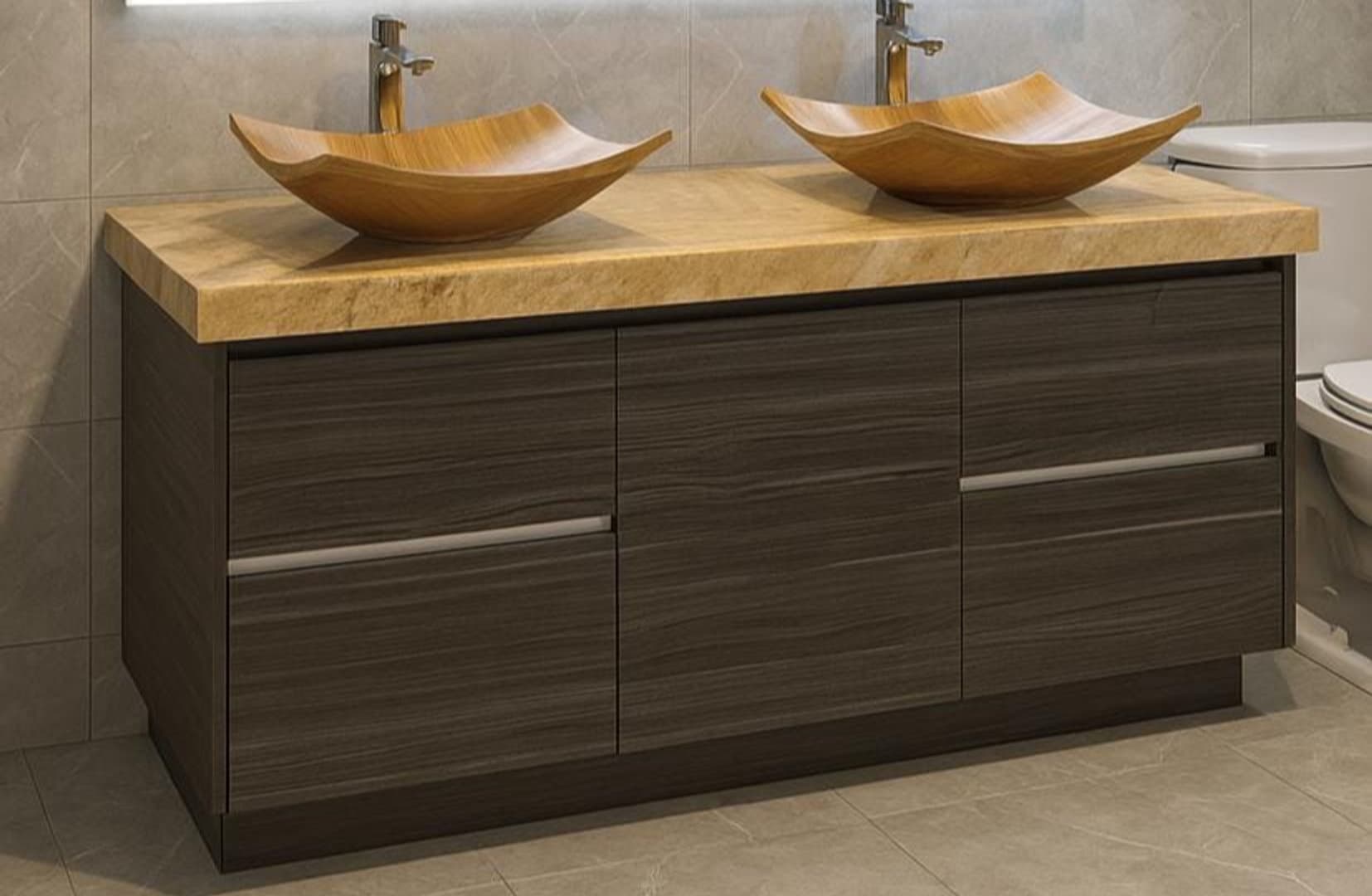 Dark wood vanity with two wooden vessel sinks on a stone top