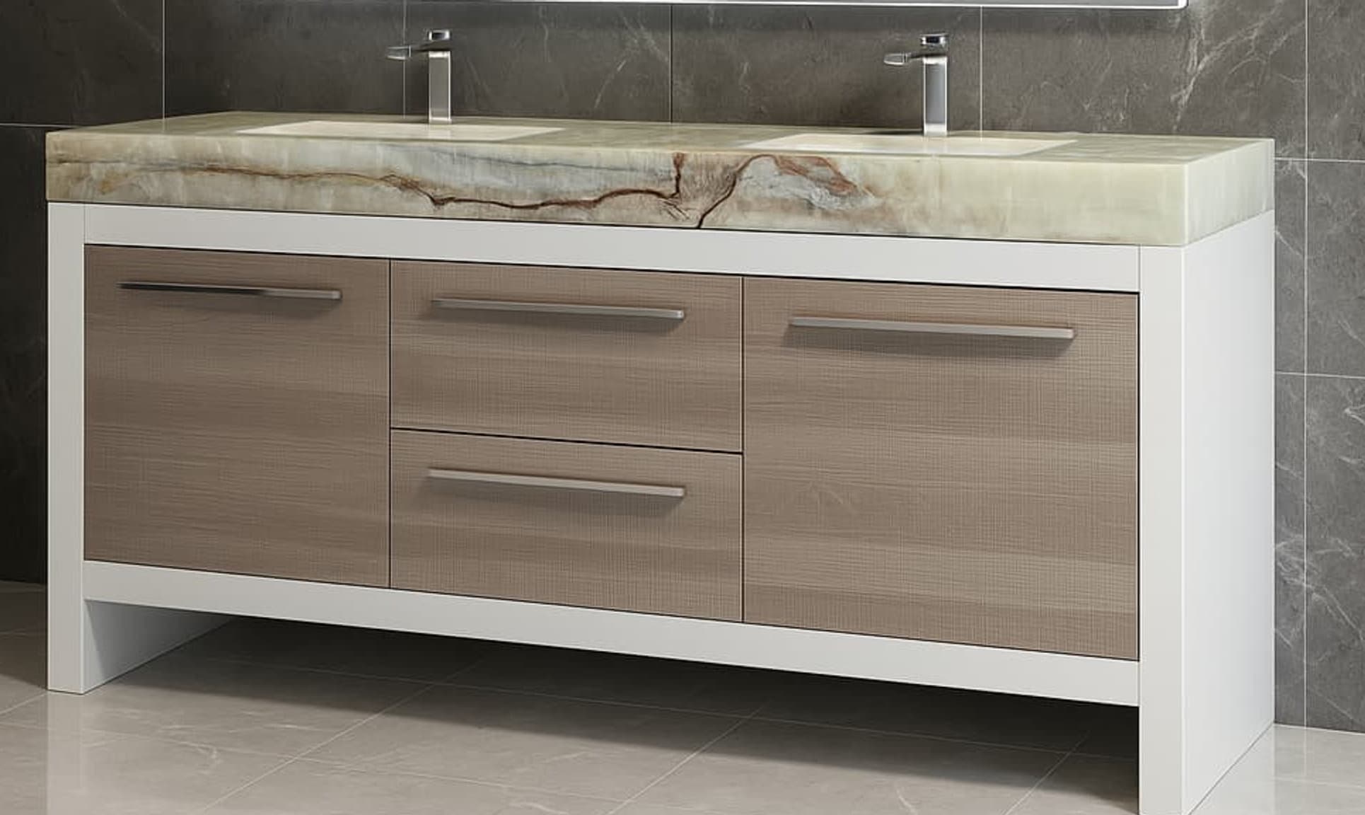 Vanity con gavetas de madera clara, estructura blanca y tope doble con aspecto de ónix