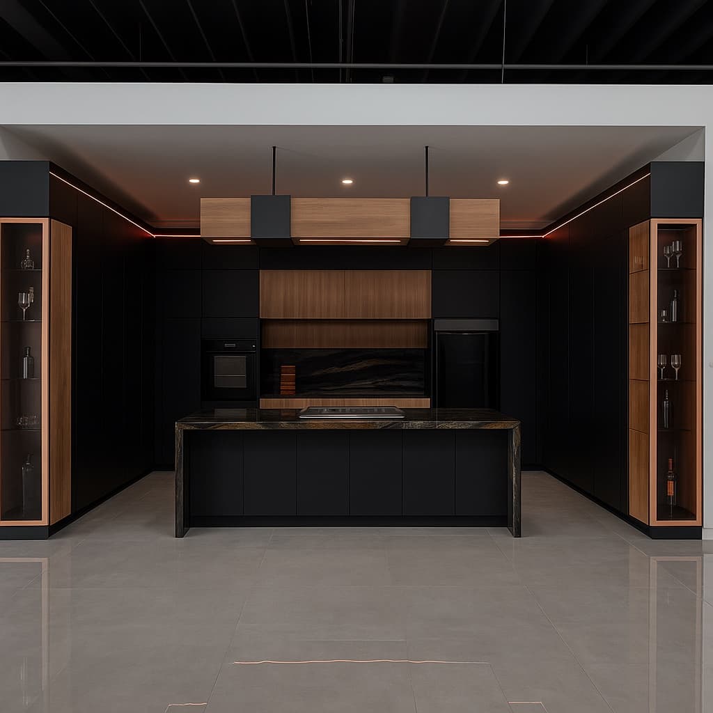 Showroom kitchen in black with an oak hood, lit glass cabinets and a dark stone island