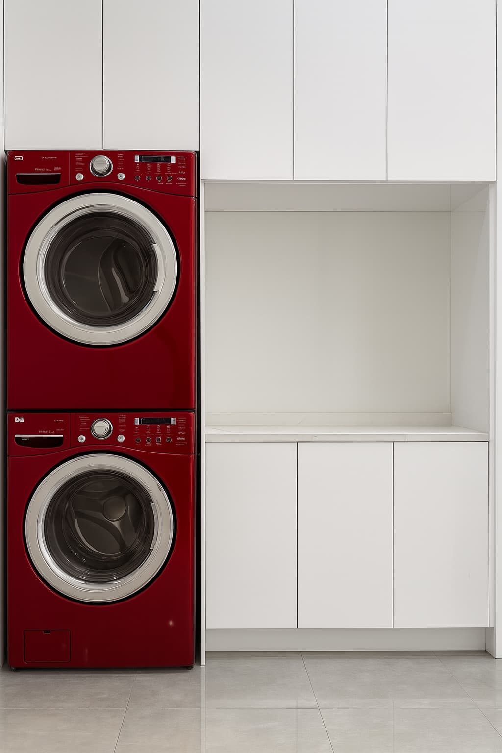 Laundry display with a stacked washer and dryer beside white cabinets and a folding counter