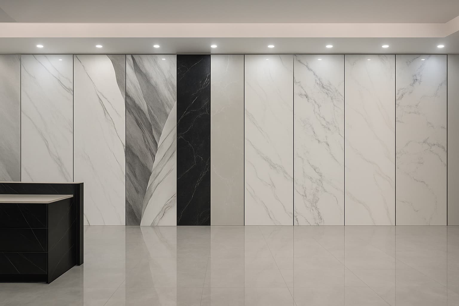 Wall of large white and black quartz slabs on display