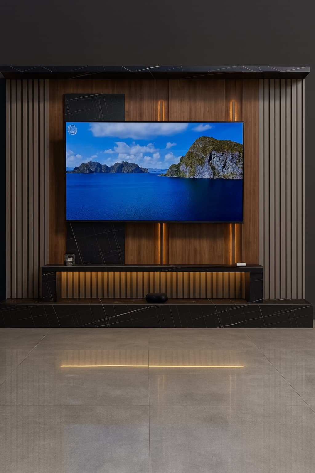 Mueble de TV de exhibición con listones de madera, un panel de piedra oscura y una consola flotante iluminada