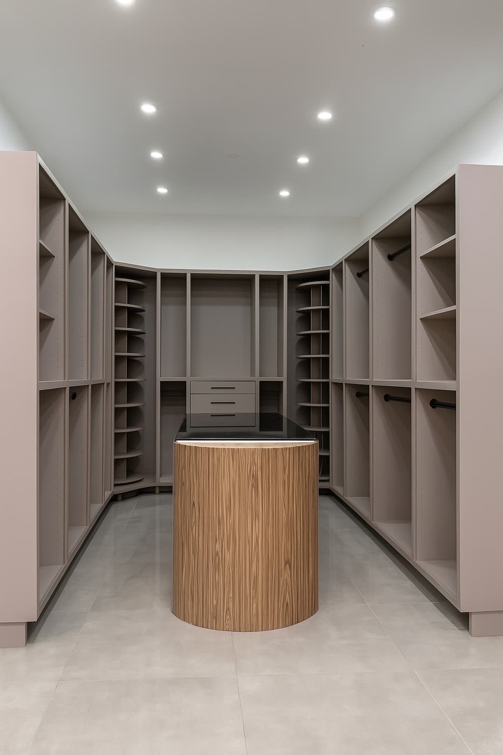 Walk-in closet display with taupe shelving, hanging rails and a round fluted-wood island